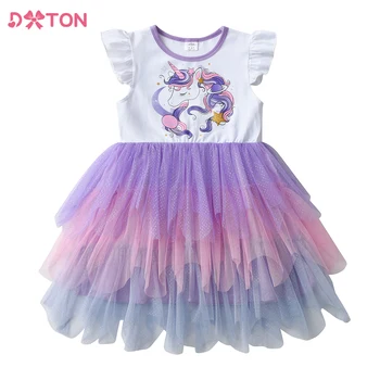 DXTON/ детско рокля на принцеса, детски рокли с герои от анимационни филми и принтом еднорог, детско многослойно фатиновое рокля с изгорени ръкави, детски летни дрехи