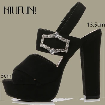 NIUFUNI/ Летни дамски сандали на платформа с отворени пръсти, украсени с пайети и катарама, велур обикновена черни обувки-гладиатори на висок ток с дебелина 13 см