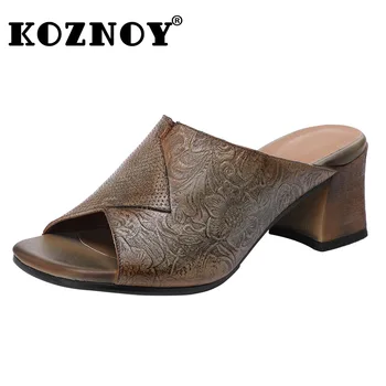 Дамски чехли от естествена кожа Koznoy 5,5 см, суперэлегантные летни етнически мокасини на масивна ток, сандали с отворени пръсти, обувки