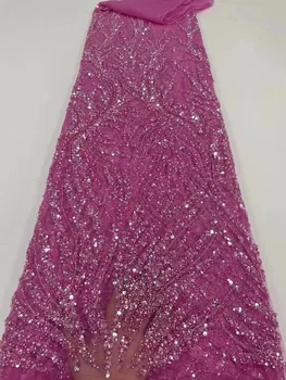 Розова 2022 Френска Лейси Плат, Ръчно изработени Beaded, 5 Ярда, Бродерия с Пайети, Африканска Мрежа Лейси Плат за Шивашки Вечерна рокля